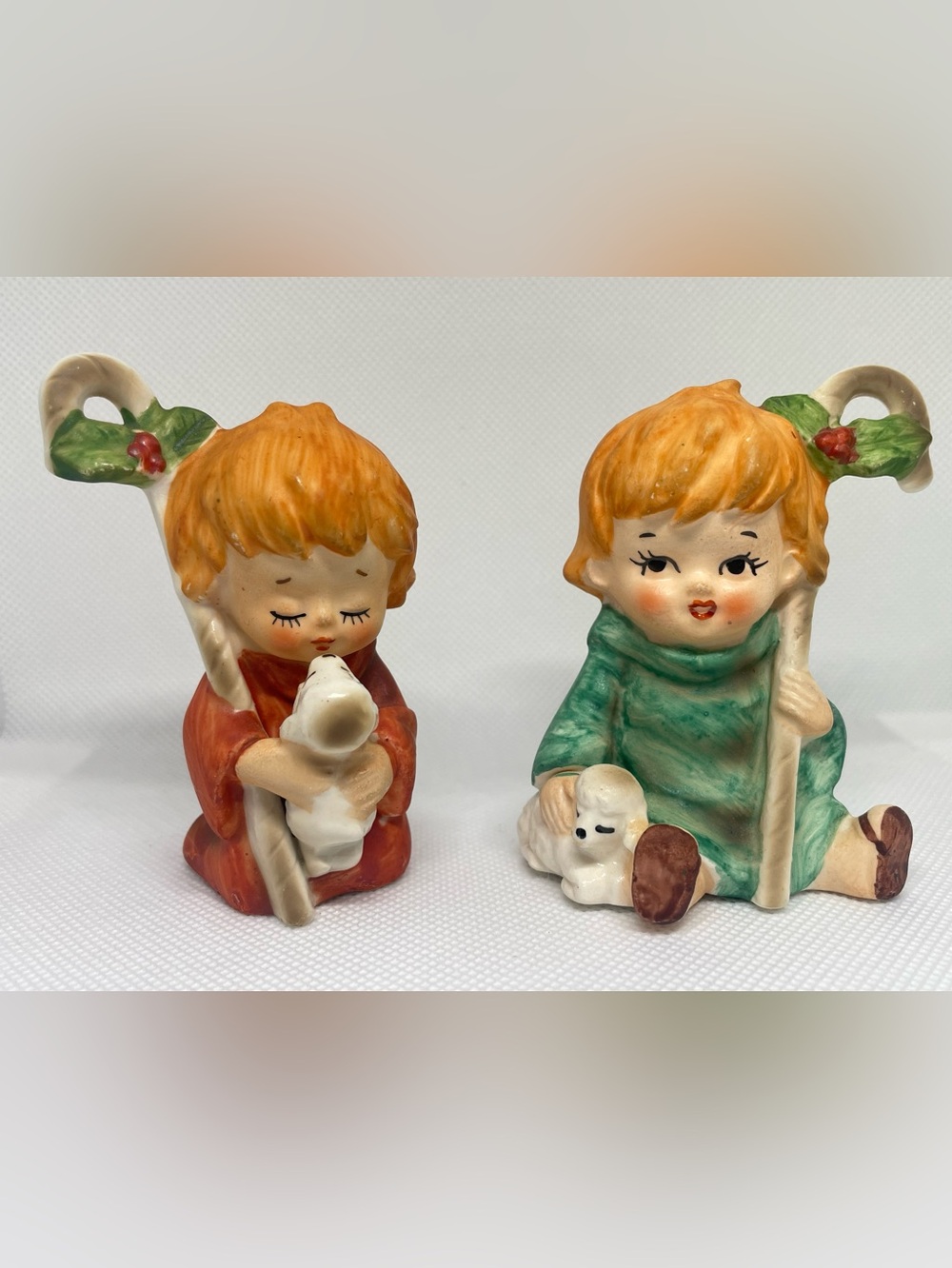 Vintage Lefton Japan Pair of Christmas Shepherd Children with Sheep Figures Set
